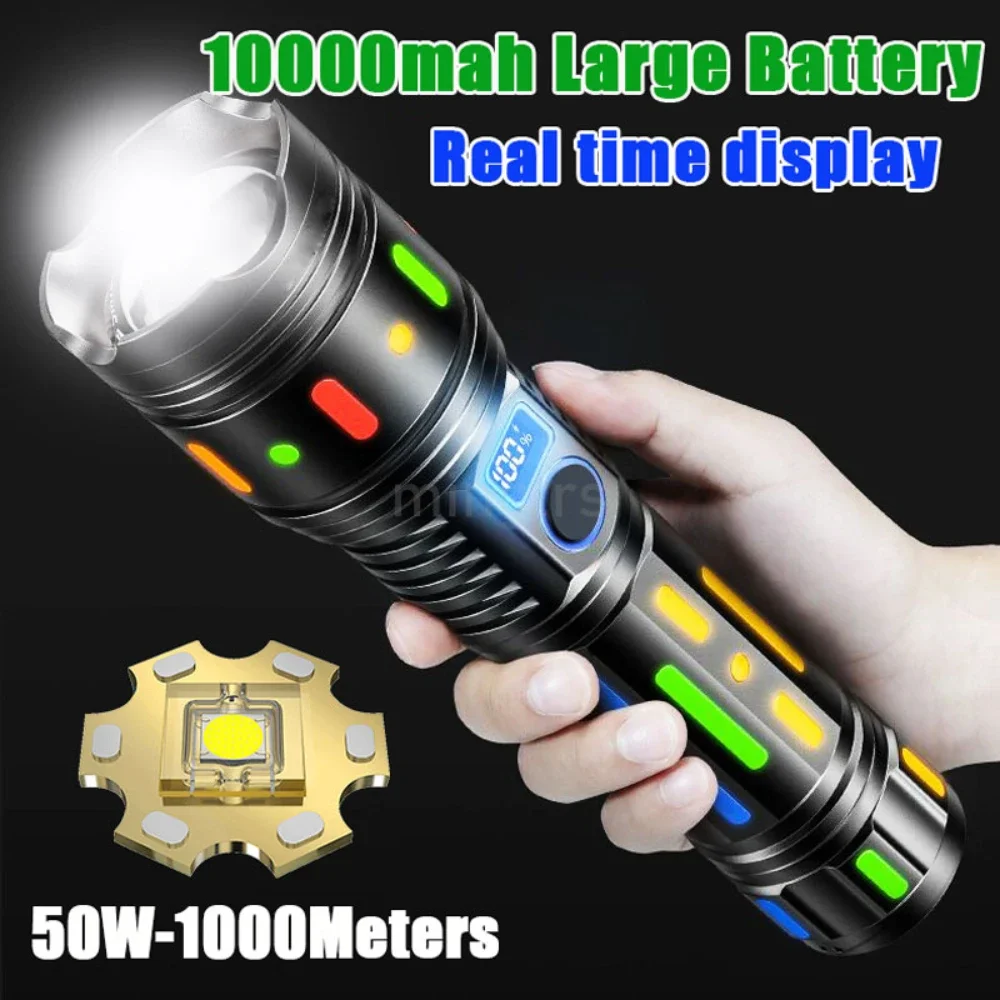 10000mah High Power Long Range LED Flashlight With Fluorescent Film Powerful Bright Tactical Torch Display Rechargeable Lantern