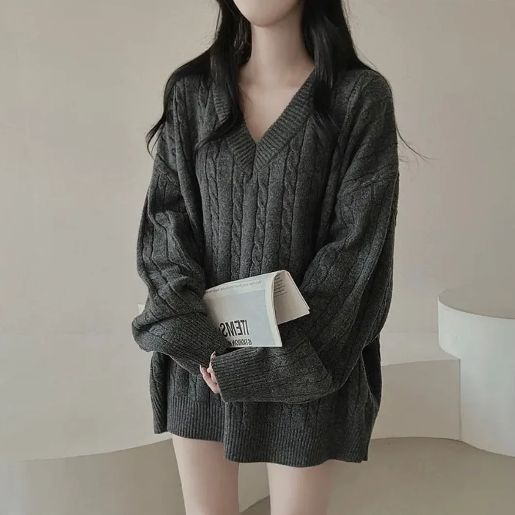 

Chicv Collar Lazy Long Sweater Women Slimming Retro Twist Loose Top Polyester Fiber 00% Autumn Winter New Sle Ladies Faion