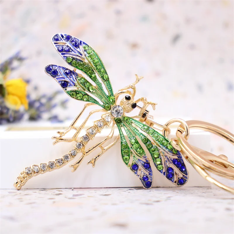 Dragonfly Insect Keychain Rhinestone Crystal Keyring Car Key Chain Women DIY Key Holder Ring Jewelry Gifts Accessory Wholesale