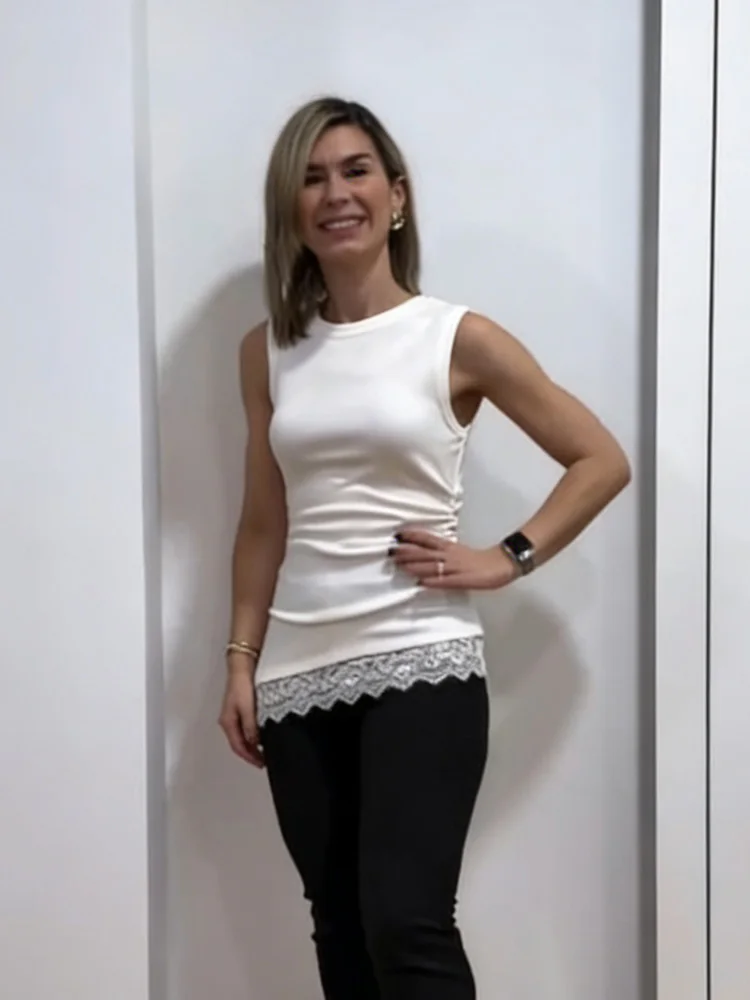 

HH Women's Spring Fashion Versatile Solid Pleated Lace Slim Fit Top Female High Street Casual Round Neck Sleeveless 3-Color Top