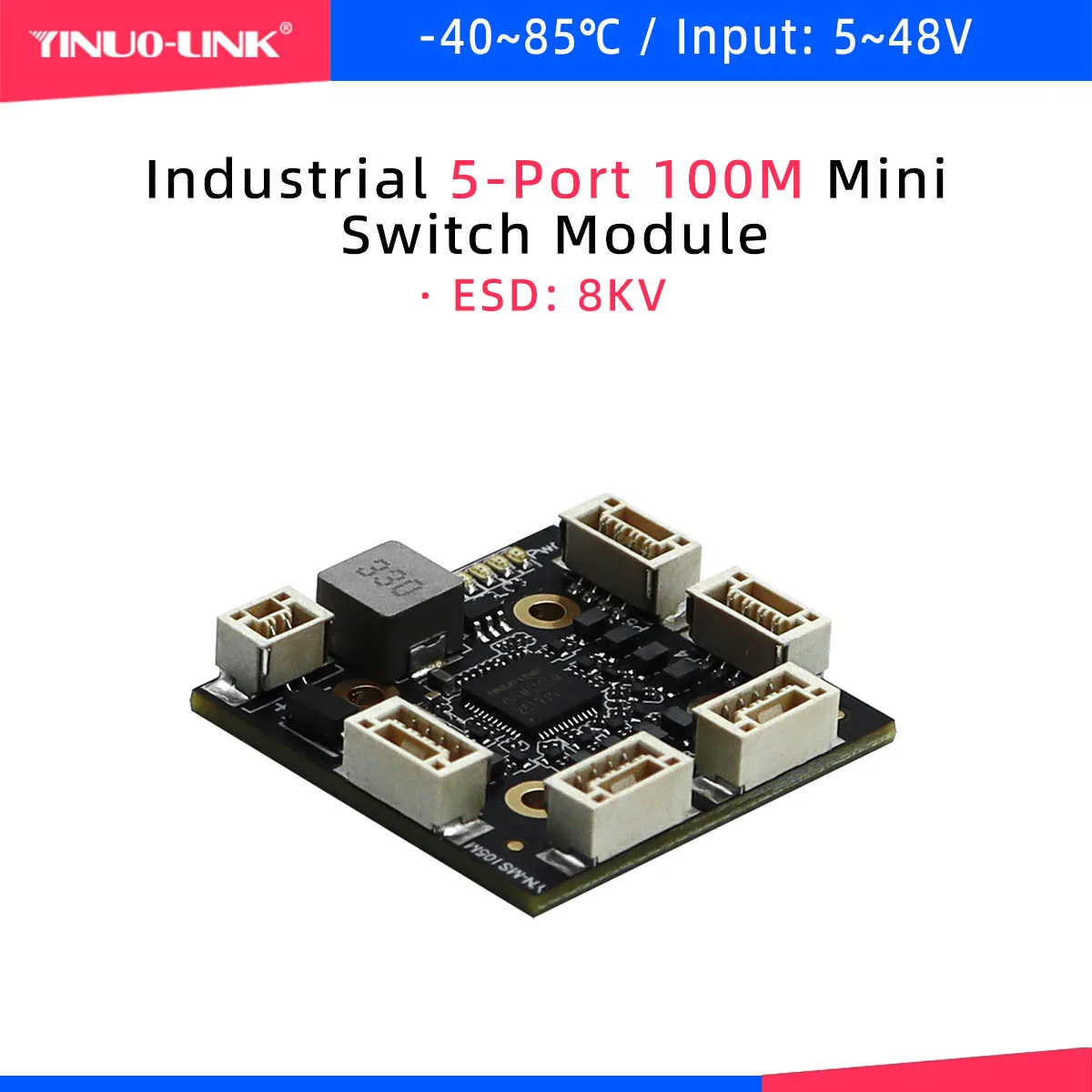 YINUO-LINK_YN-MS105M_Ultra-small 30×30mm 5-Port Industrial Switch Module for Endoscope & Industrial Robot Networking, 9~48V Wide