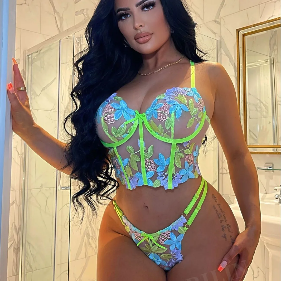 

DM Luxury Lingerie Women's Sexy Floral Embroidery Set Woman 2 Pieces Underwire Bra Thongs Exotic Intimate Neon Green Underwear