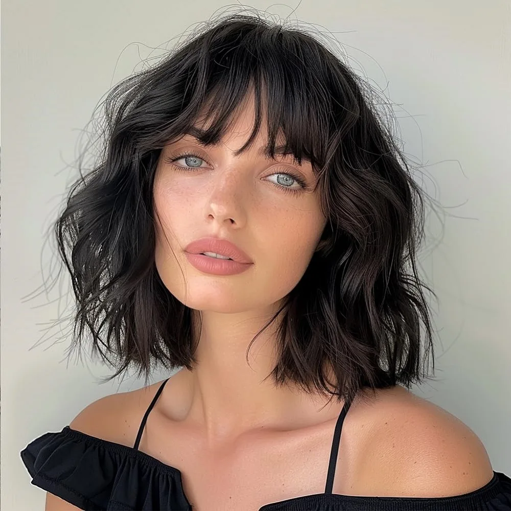

Synthetic Women's Short Bob Wavy Hair with Bangs, Short Curly Shoulder-Length Voluminous Wig, Voluminous Hairpiece