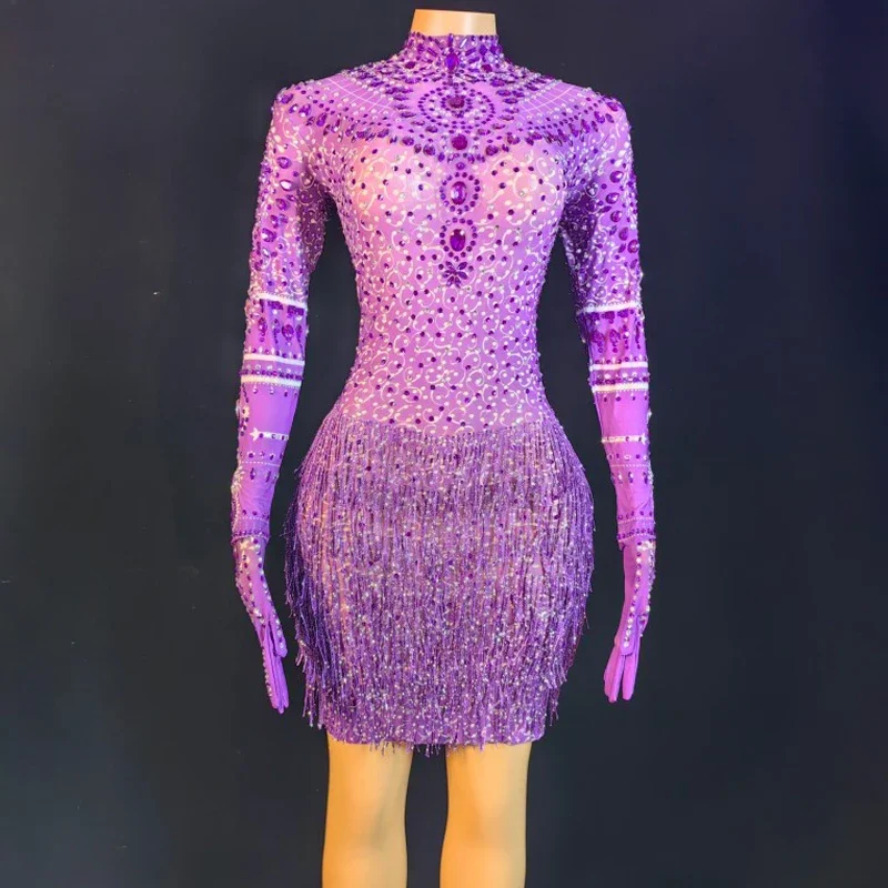 フル真珠ラインストーンドレス手袋セクシーなメッシュフリンジドレス女性の誕生日祝うドレスステージフェスティバル衣装 XS6749