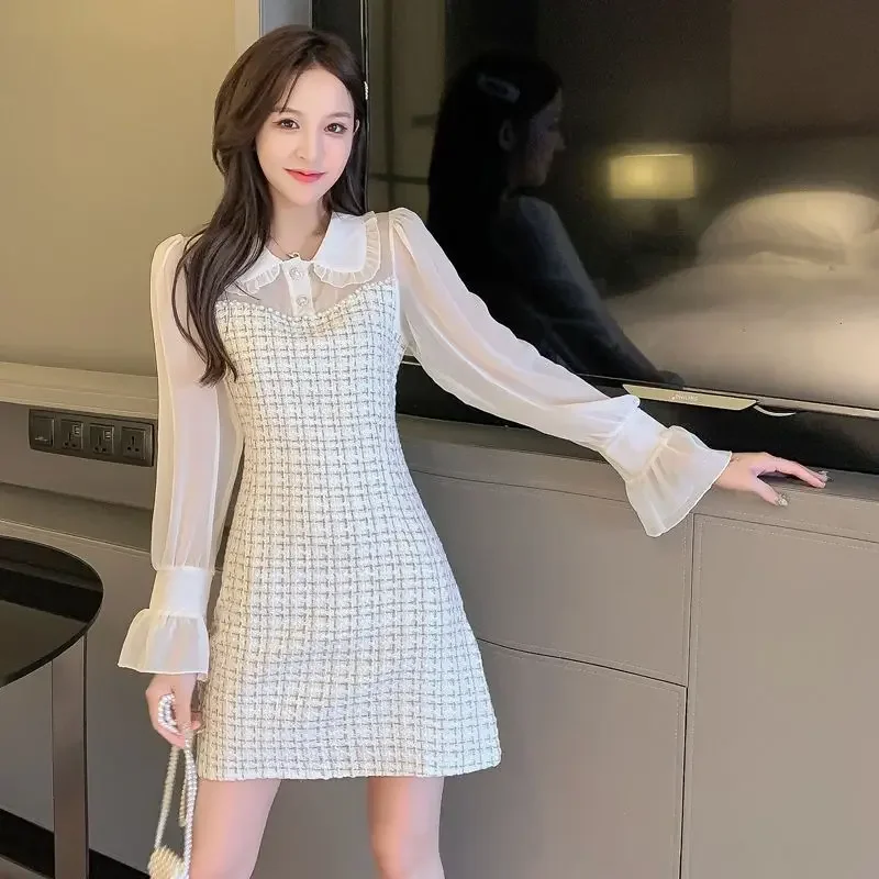 Chiffon Patchwork Long Sleeved Dress for Women French Style New Small and Fragrant Style Fashionable