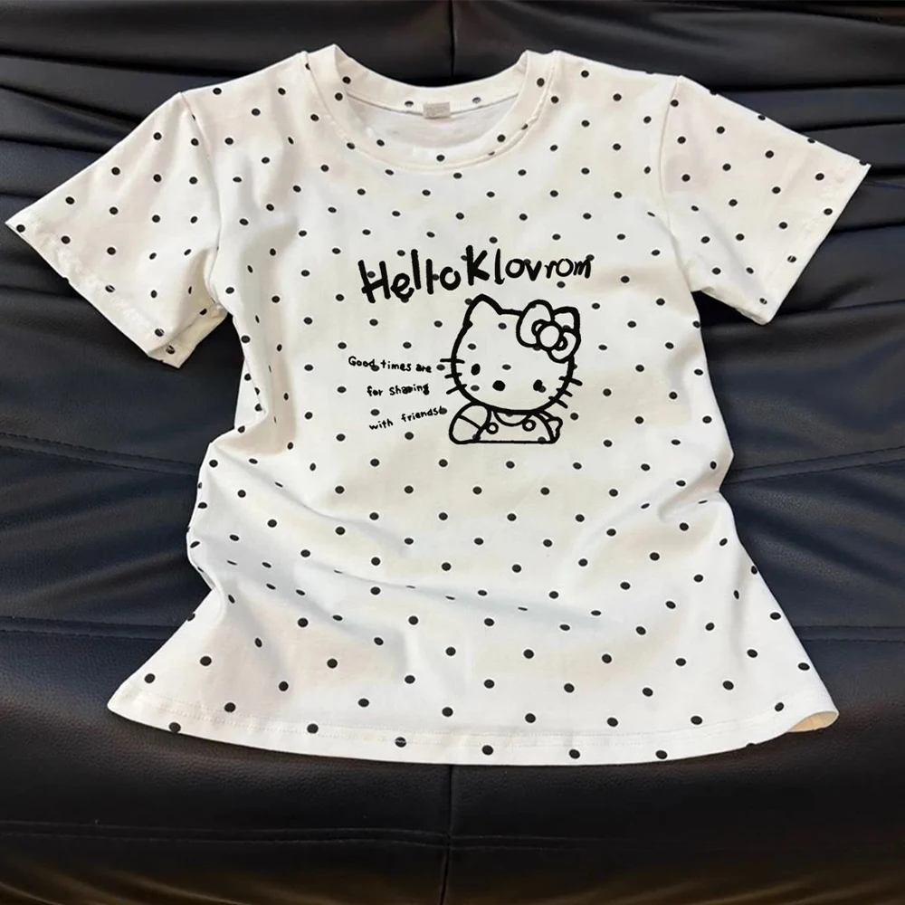 

Hello Kitty Women's T-Shirt Polka Dot Pattern Short Sleeved T-Shirt Y2K Harajuku Multi Functional Daily Street Wear Basic Tops