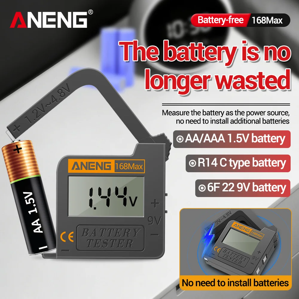 Battery Tester Digital Universal ANENG 168Max AA/AAA/1.5V/9V/C/D Lithium Battery CR2032/LR44 Button Battery Capacity Tester Mete