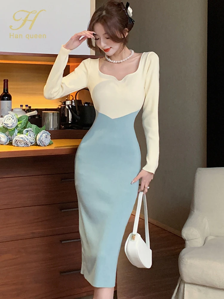 H Han Queen Autumn Winter Knitting Vintage Vestido Simple Chic Work Wear Dress Women Office Bodycon Sheath Casual Pencil Dresses