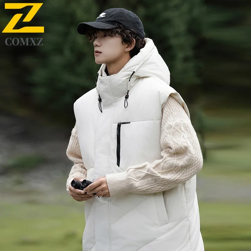 COMXZ Premium Men Down Jacket Casual Hooded Outdoor Adventure Warm Parka Solid Color Travel Windproof Lightweight Winter Coat