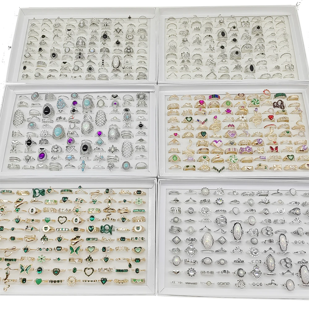 100pcs/Lot Factory Wholesale Mix Style and Size Alloy Finger Rings for Women Crystal Enamel Snake Animal Acrylic Flower Jewelry