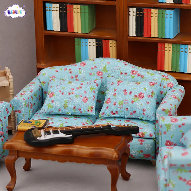 

1/3Pcs 1:12 Dollhouse Miniature Single Sofa Double Sofa With Pillow Blue Background Red Small Floral Sofa Model Furniture Toys