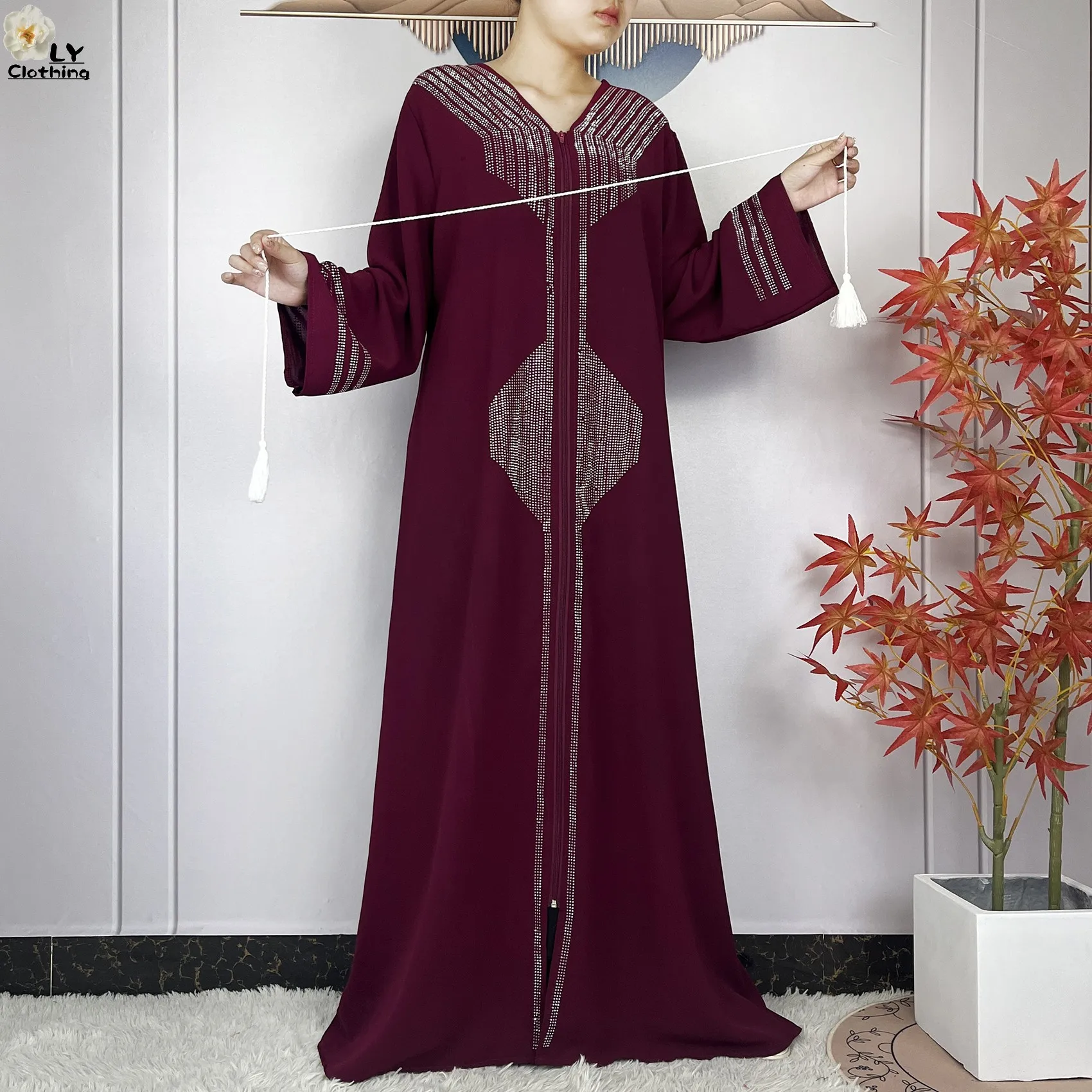 Abaya muçulmana com lenço para mulheres, manga comprida, diamantes em chiffon, roupão solto, maxi islâmico, moda de Dubai, vestidos de festa, 2022