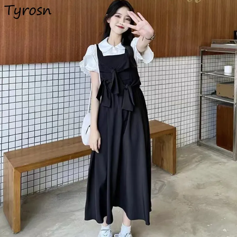 

Dresses Sets Women Preppy Sweet Summer Retro All-match Shirts Students Tender Leisure Simple Pure Midi Vestidos Korean Style New