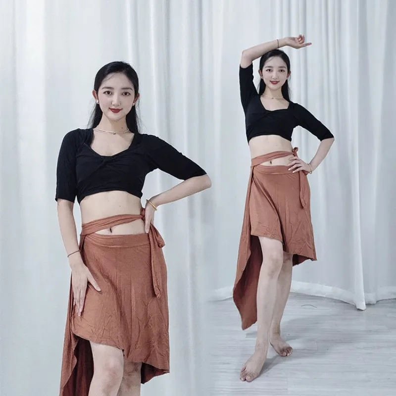 ที่กําหนดเอง Belly Dance เครื่องแต่งกายฝึกชุด Modal Splicing ตาข่าย Twisted Top ไม่สม่ําเสมอ Wrap กระโปรงอเนกประสงค์