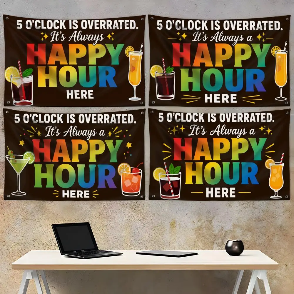 Happy Hour Here Flags Fade-Resistant Fabric Garden Flag | Outdoor Hanging Sign for Shop Home