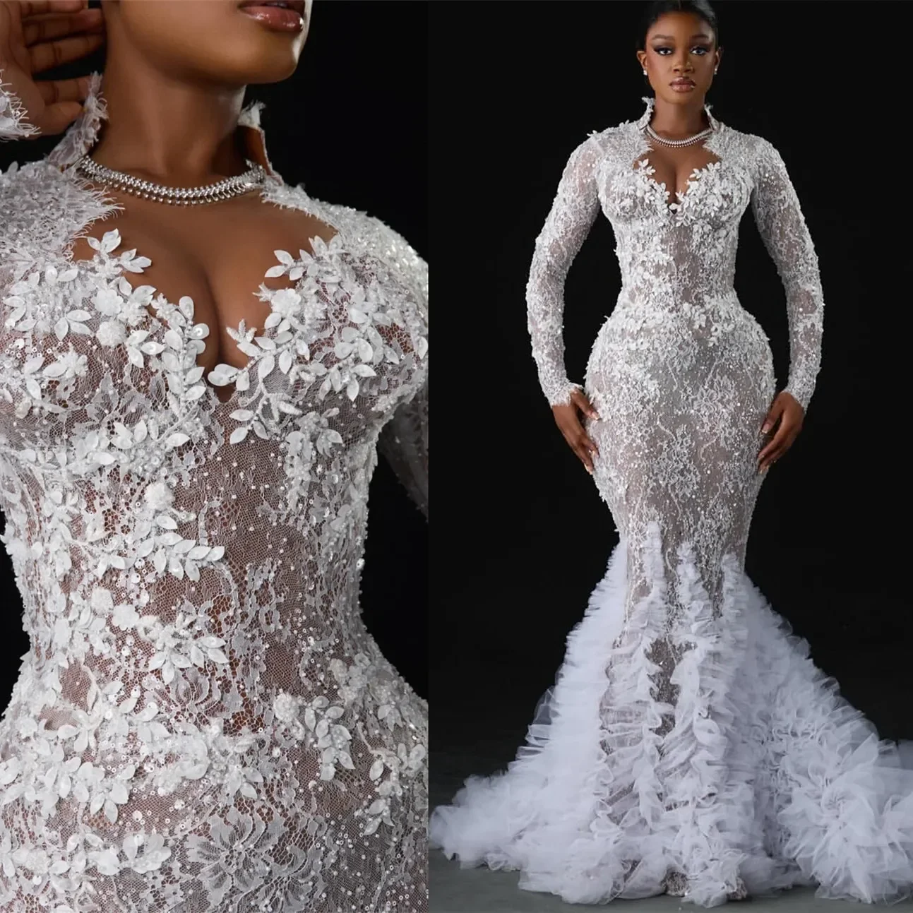 Elegant Mermaid Lace Decal Women's Wedding Dress Sexy High Neck Long Sleeved Dance Bridal Gown Vestido De Novia Boda Customized
