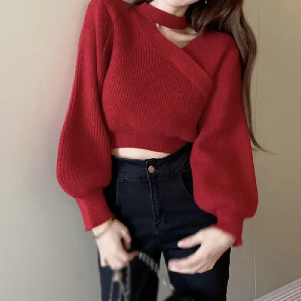 Women\'s Fall Winter Wrap V Neck Sweater Balloon Sleeves Ribbed Knitted Pullover Loose Jumper Tops