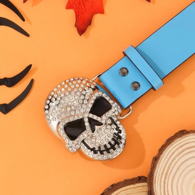 

39BD Popular Rhinestones Skull Buckle Belt for Adult Rivet Studded Belt All Matching Western Belt for Daily Use and Nightclub