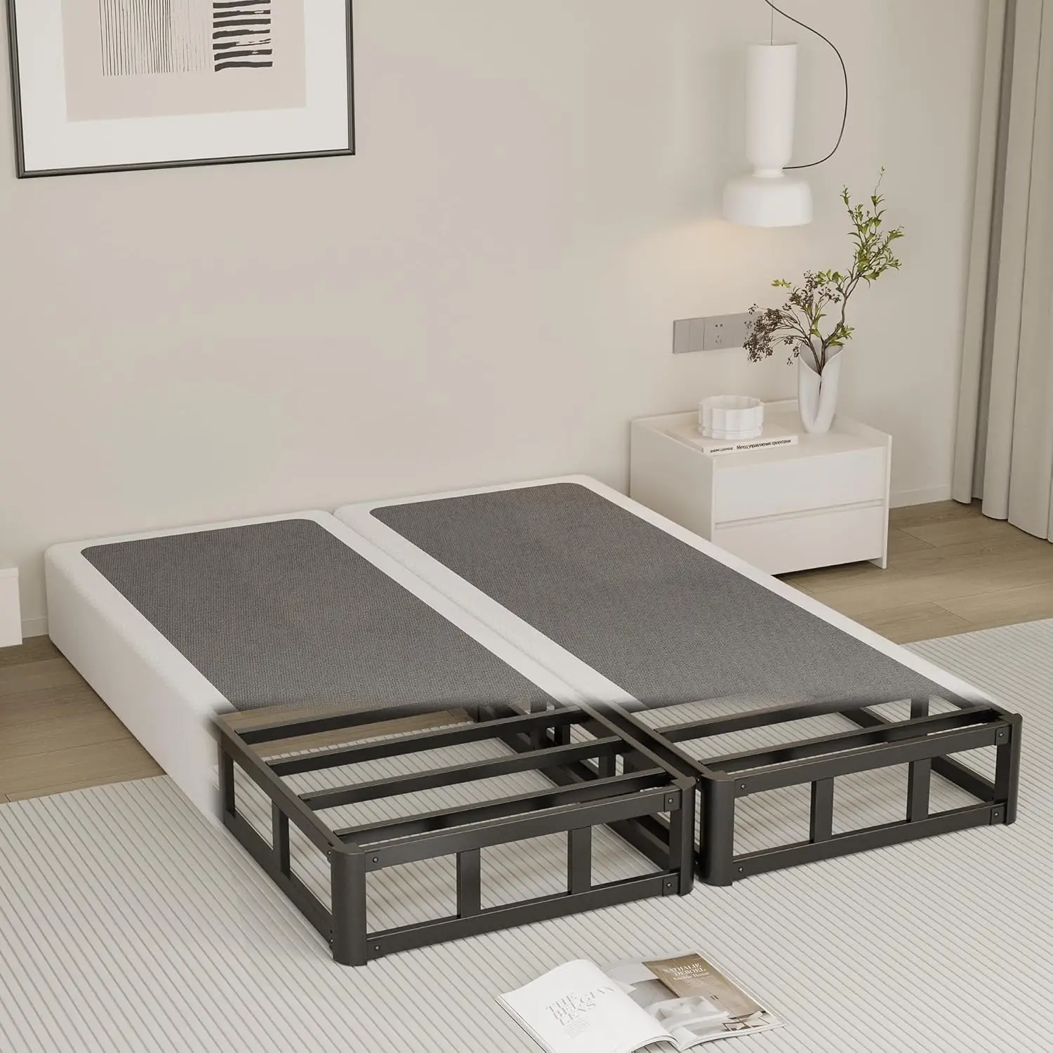 Queen Bed High Profile Metal Box Spring, Fabric Cover, Noise-Free, Easy Setup