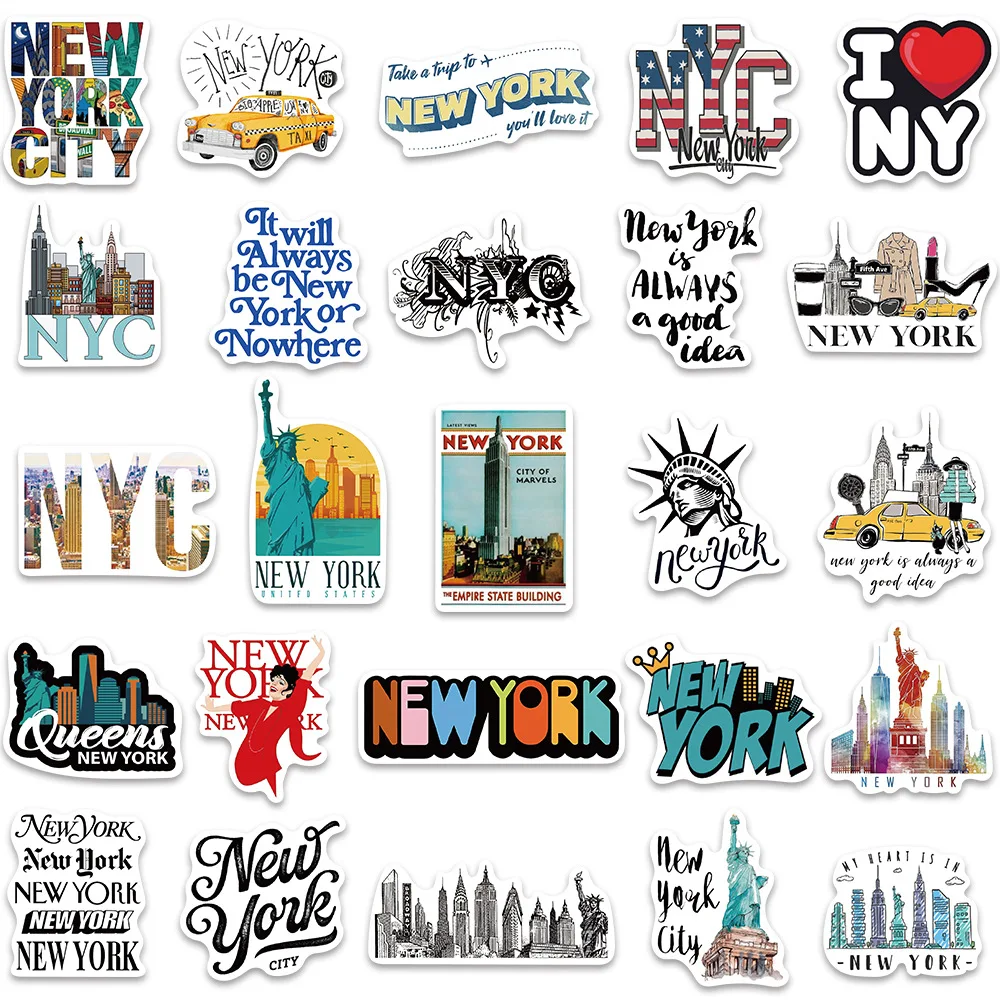 50/100Pcs INS Novelty Cartoon Cute New York Series Stickers PVC Waterproof Stickers Decals For Kids Boys Girls Toys Gifts