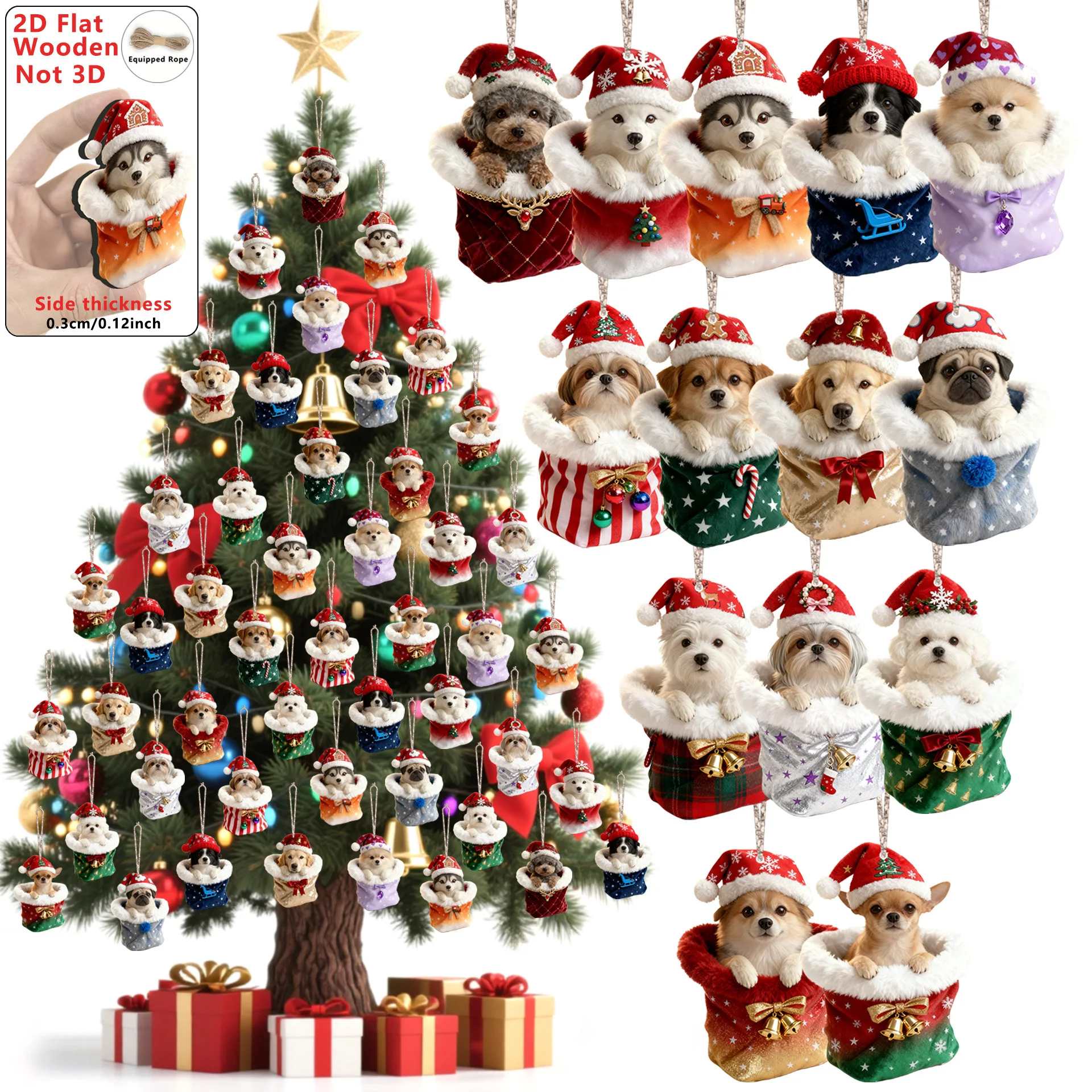14/28-teiliges 2D Flaches Niedliches Holz-Hunde Weihnachtsornament-Set Hängende Dekoration für Weihnachtsbaum Heim Party Perfektes Feiertagsgeschenk