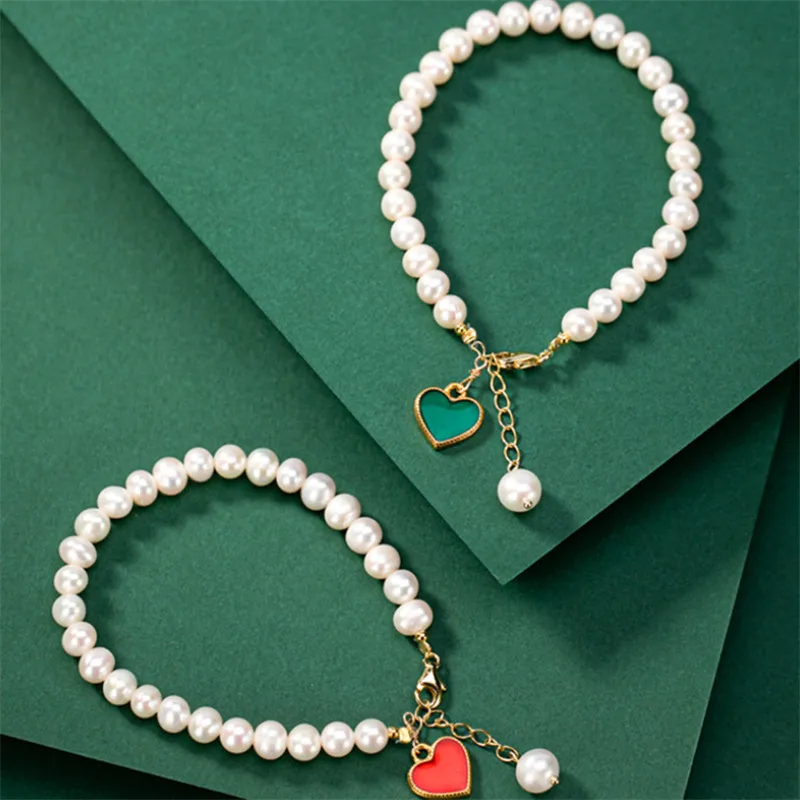 

Uglyless Sweet Heart-shape LOVE Gifts for Girlfriends Natural Pearls Bracelets for Women Enamel Heart Charms Bracelet 925 Silver