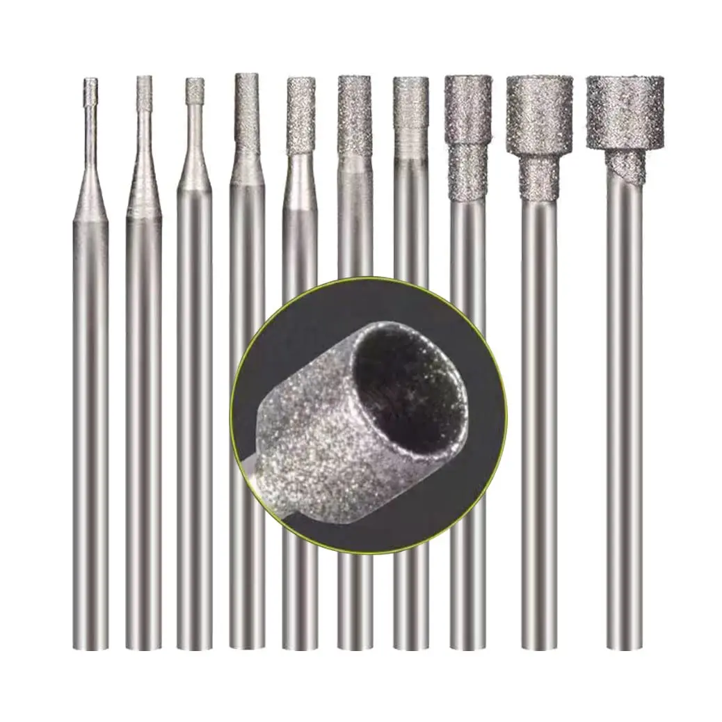 

10 ~ 100 шт. 0,8/1/1,2/1,5/1,8/2/2,5/3/4/5 мм полая чашка в форме алмазных заусенцев 2,35 мм 3/32 дюйма хвостовик биты для резьбы по камню для вращающихся инструментов