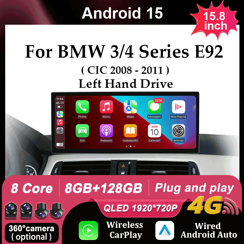 

15,8-дюймовый автомобильный радиоприемник с левым рулем для BMW 3 4 серии E92 CIC System 2008-2011 Android 15 CarPlay GPS Navi с разделенным экраном DSP