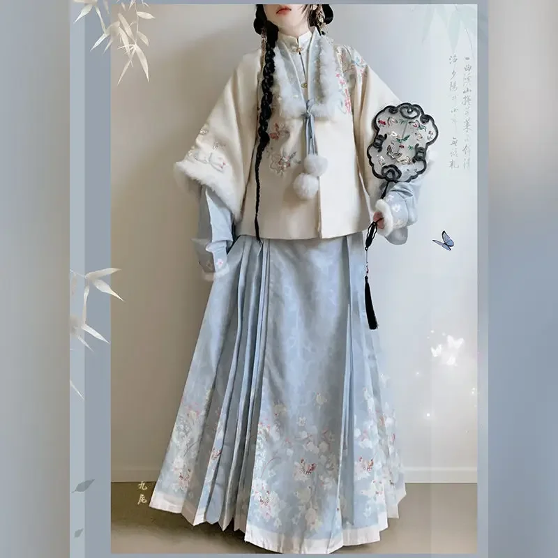 Beige Fleece Geborduurde Jas Groene Lange Mouwen Top Gedrukt Paardengezicht Rok Hanfu Chinese Kostuum Vrouwen Winter Hanfu Jurk