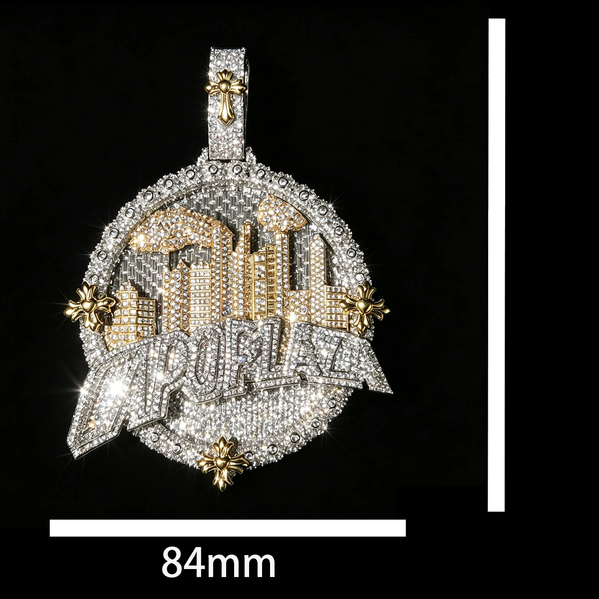 Iced Out City Skyline Round Medallion Pendant Necklace 18K Gold Plated Cubic Zirconia Hip Hop Rap Jewelry Bold Street Bling Accessory For Men Cityscape Charm  Full Paved Shiny Urban Ornament For Party Daily Wear Great Fine Gifts for Him Boy Friends Rapper