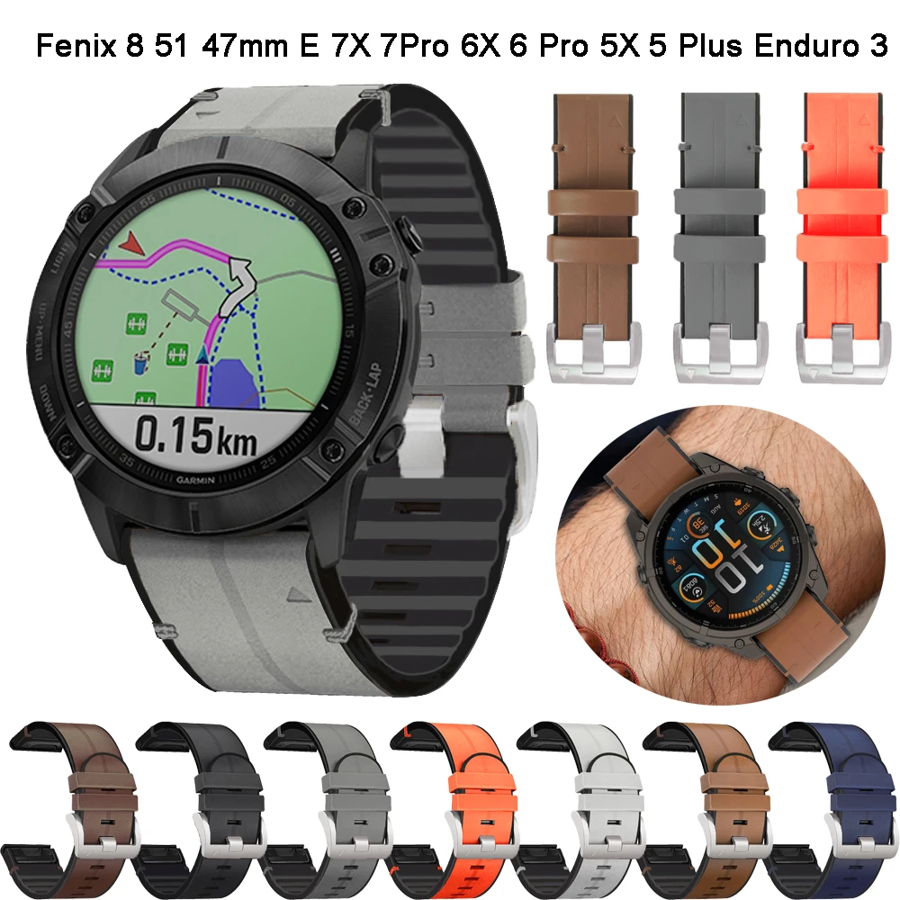 22 26mm Silicone Leather Quickfit Strap For Garmin Watch Fenix 8 E 7X 7 6X 6 Pro 5X 5 Plus Enduro 3 Epix Pro 47mm Strap Bracelet