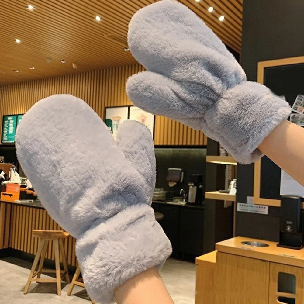 ฤดูหนาวPlush WARMถุงมือThicken Soft Fluffyถุงมือนิ้วน่ารักWindproofอุ่นMittensผู้หญิงสีทึบKeep WARM Mittens