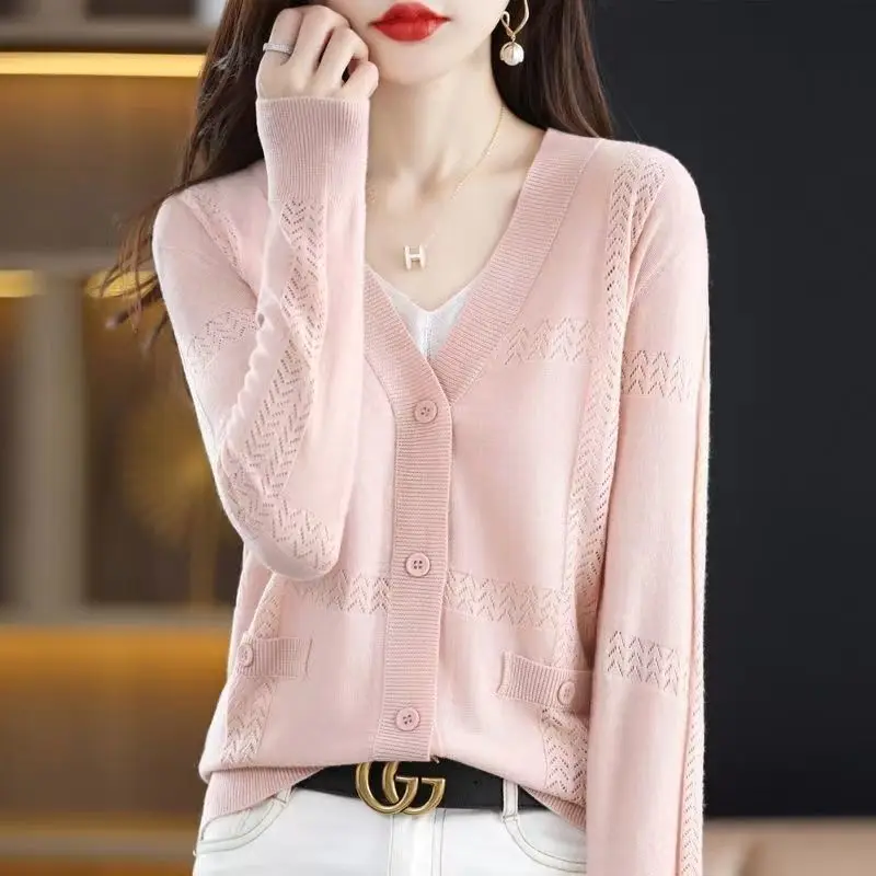 V-Neck Multiple Colour Casual Cardigan Spring Summer Single Breasted Thin Women's Clothing Knitting Outer Loose Straight Sweater