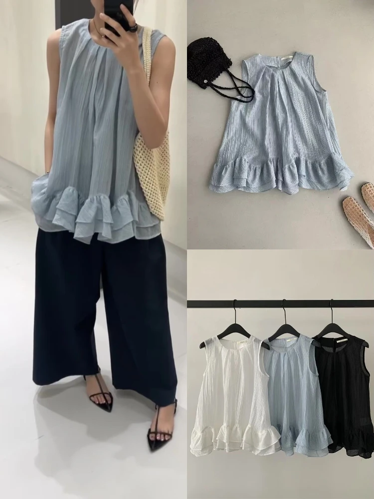

Sweet Sle Svel Ruffle Hem Top Loose Fit Vest irt Fre Feel Dongda Gate No Brand Summer 2025 round Ne