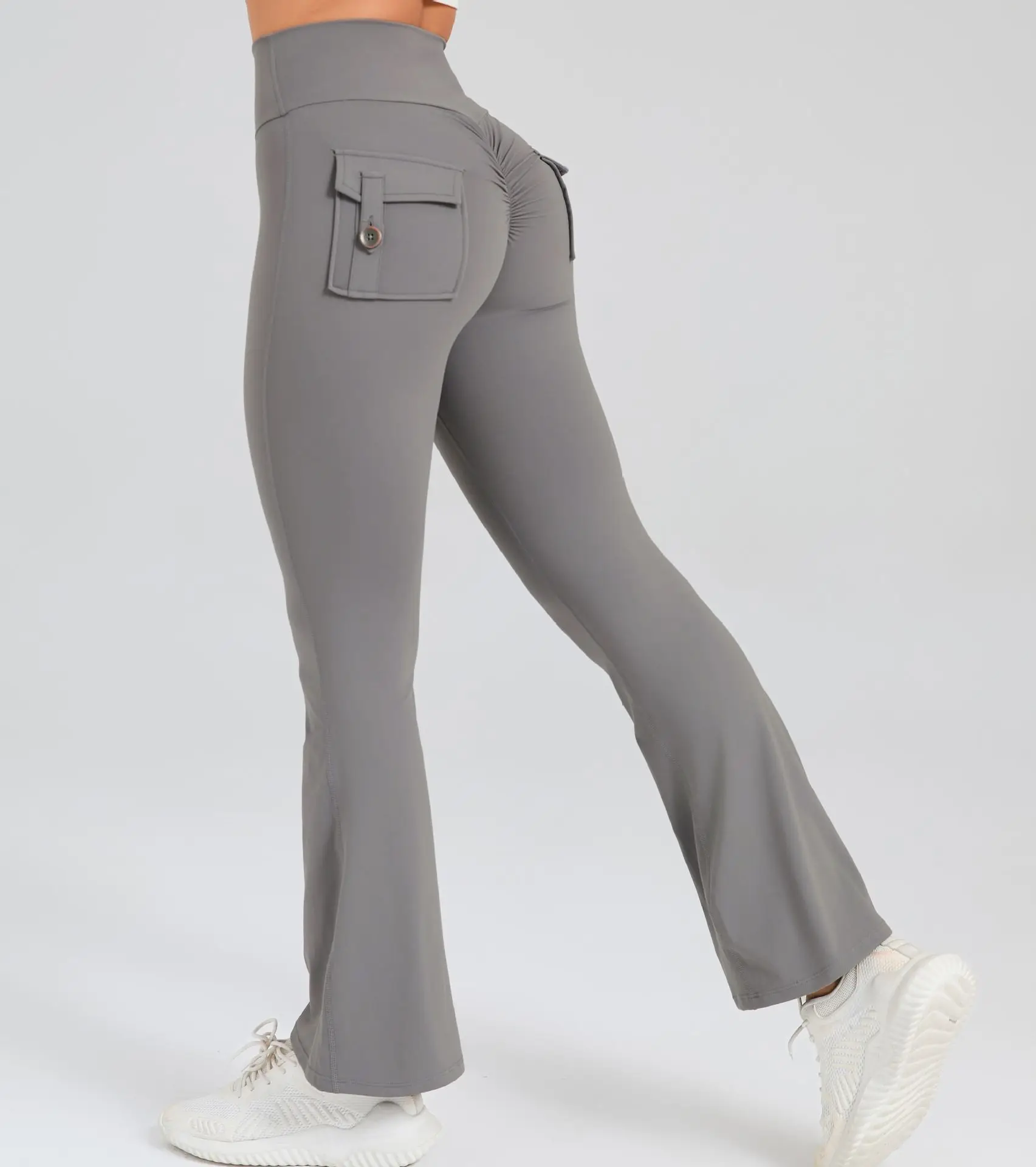 Mallas deportivas informales para mujer, pantalones Cargo de cintura alta con bolsillo, pantalones de gimnasio, Leggings Acampanados para Fitness