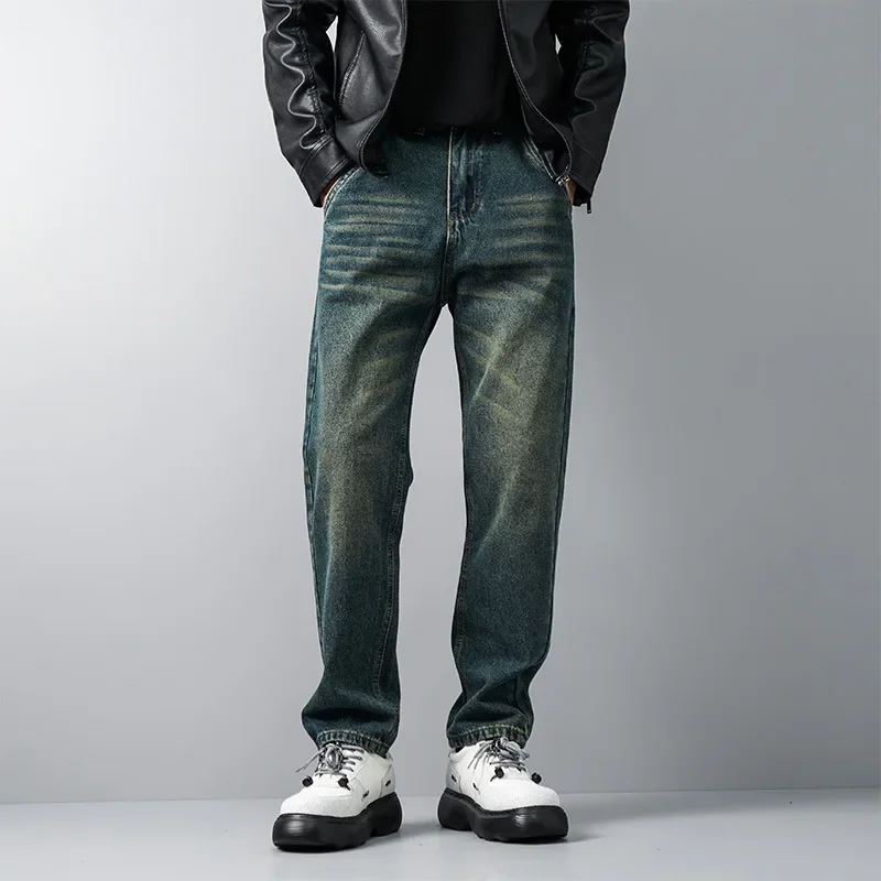 

LIBIELIY Four Seasons Men's American Vintage Retro Blue Casual Loose Washed Straight Jeans Pants Straight Wide Leg Denim Trouse
