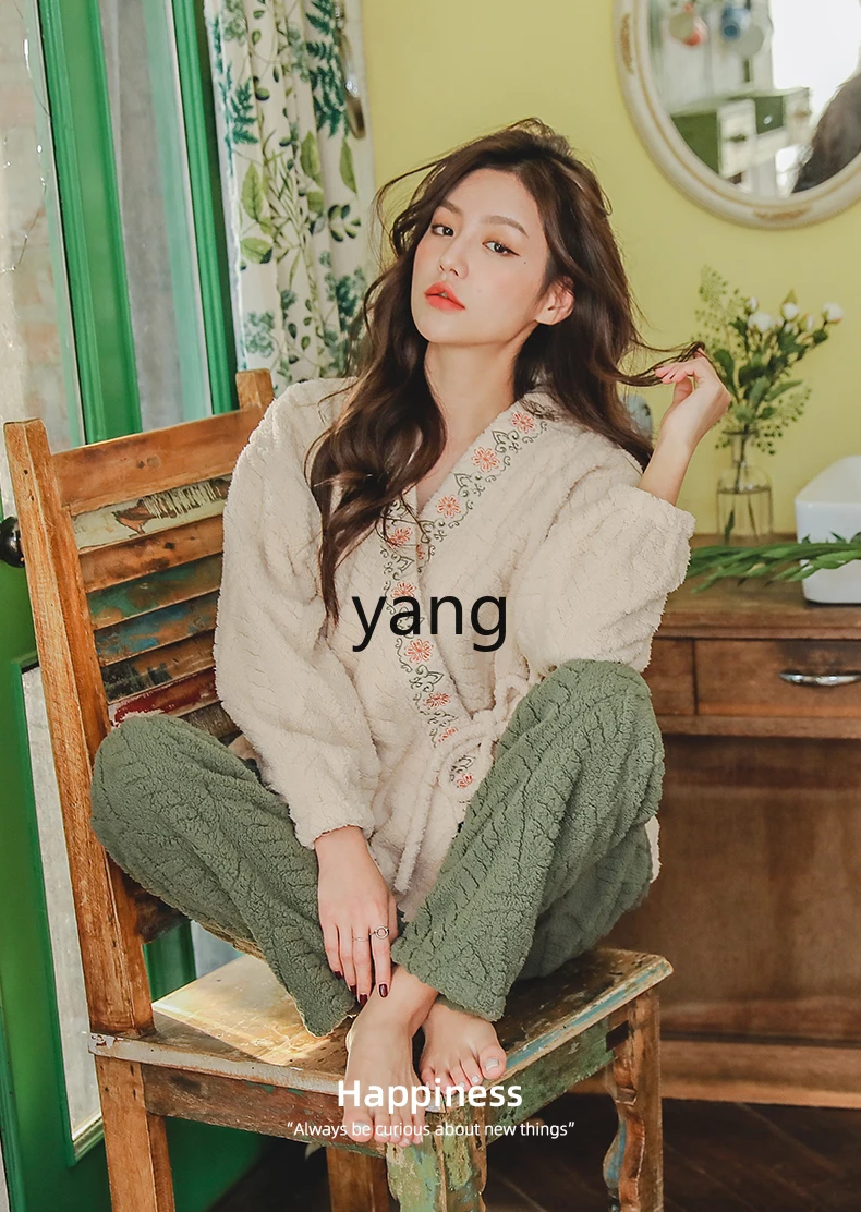 LMM autumn and winter fleece thickened warm coral fleece flannel can be worn outside loungewear set