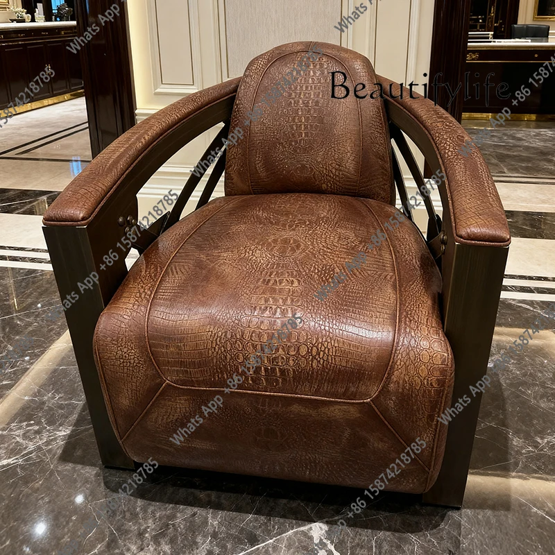 J Medieval Solid Wood Sofa Chair Retro Oil Wax Leather Single Sofa Villa Recliner Leisure Chair Living Room Bar Cigar Chair