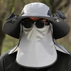 Solar Fan Hat with Neck Flap Face Guard Wide Brim UV Cooling Fan Fishing Hat Rechargeable Foldable Men Hiking Sun Hat