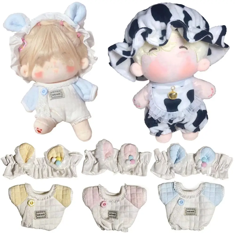 20cm Doll Clothes Jumpsuits Cap Suit Bunny Ear Headband Cow Pattern Plush Outfit Photo Props Toy Accessories Playing House