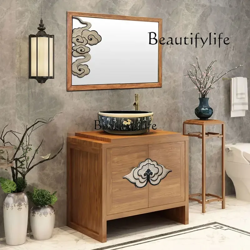 Chinese Solid Wood Bathroom Cabinet Combination Creative Art Table Basin Wash Tea House Wash Face Hand Washing Cabinet