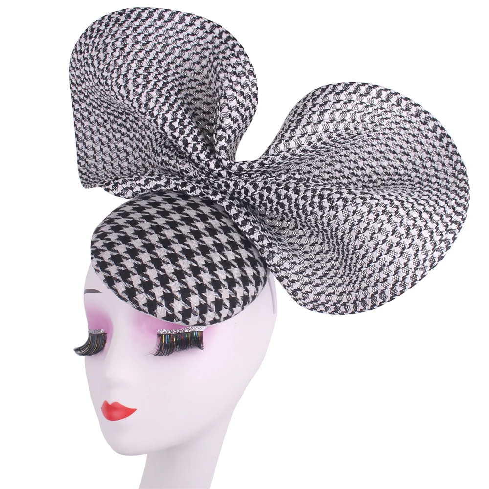 Black Houndstooth Fascinator Hat Millinery Huge Bow Holder for Women Cocktail Derby Church Wedding Hat Event Nigh Tea Chapeau