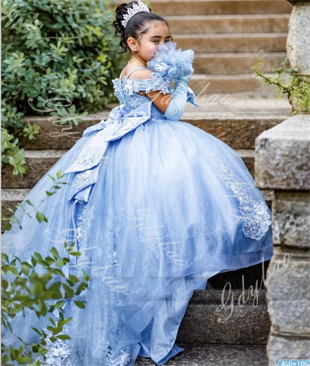 Luxury Light Blue Flower Girls Dress For Weddings Toddlers Applique Bow Birthday Dress Tulle Ball Gown Prom Party Communion Gown