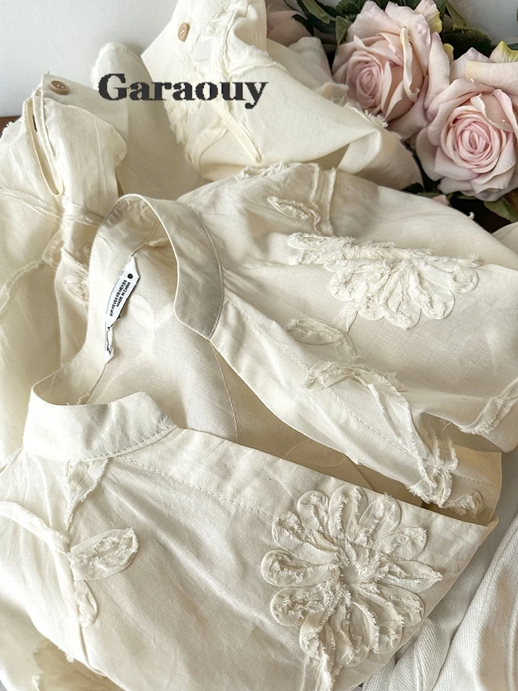 Garaouy 2024 Summer Shirts And Blouses Flower Decoration Long Sleeve Top Women Button Up Blouse Streetwear Shirt Top