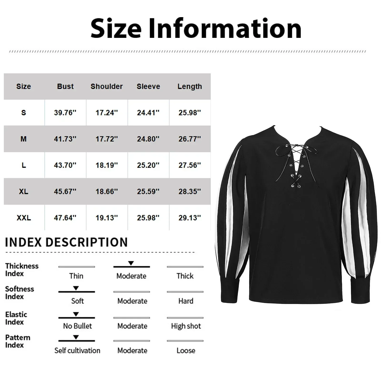 Men\'s Shirt Gothic Dark Contrast Lace Up Top Casual Vintage Medieval Renaissance Loose Soft Clothes Long Sleeve Male