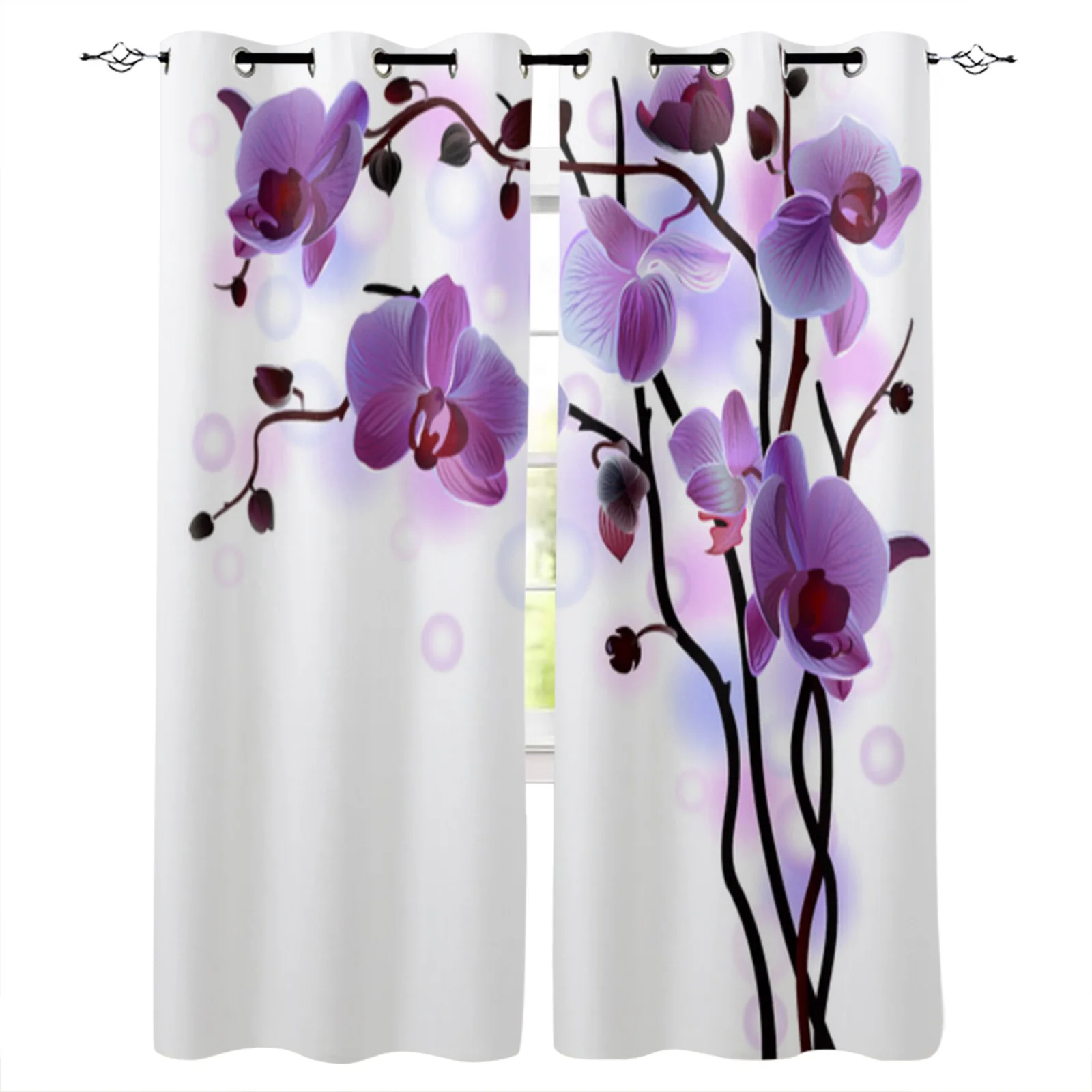 Purple Orchid Branches Window Curtains for Living Room Home Decor Child Bedroom Kitchen Curtains Drapes