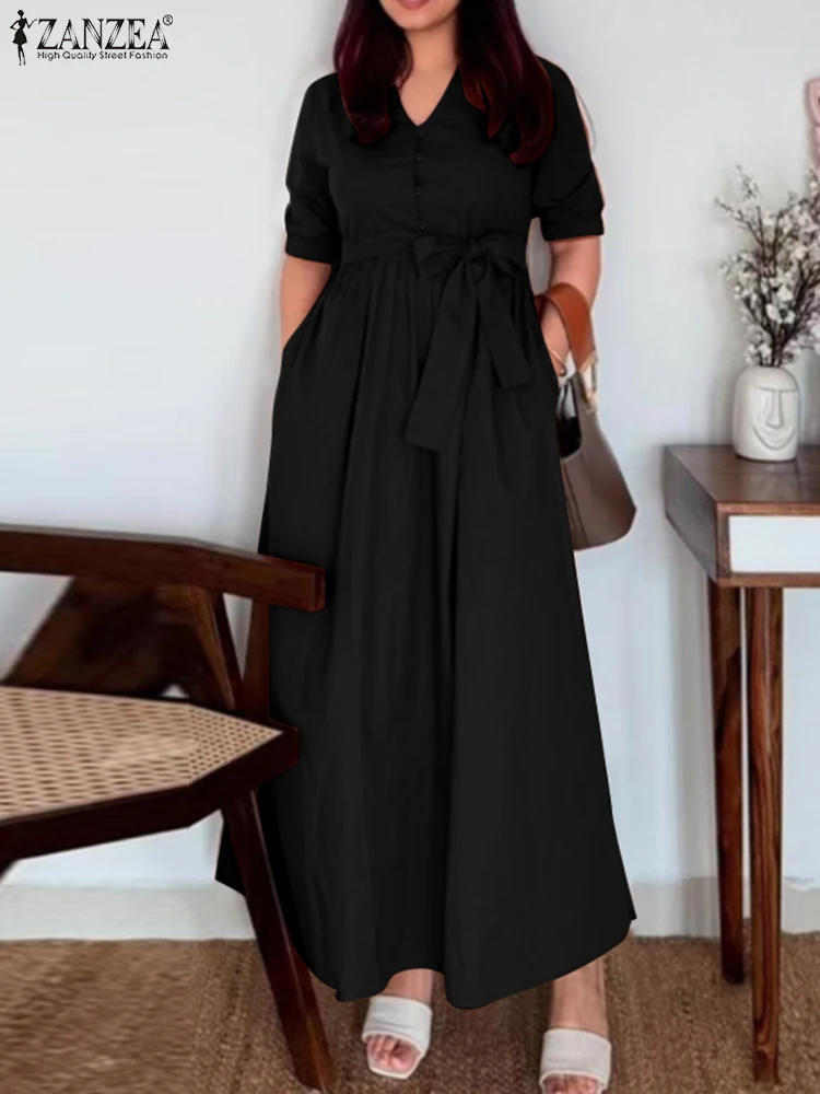 

2025 ZANZEA Summer Maxi Long Dress Women V Neck Short Sleeve Holiday Vestidos Robe Femme Kaftan Casual Solid Work OL Sundress