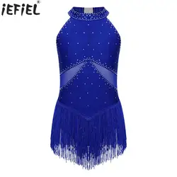 Kids Girls Ballet Dance Dress Gymnastics Figure Skating Performance Costume Sleeveless Rhinestones Fringed Latin Tango Dancewear