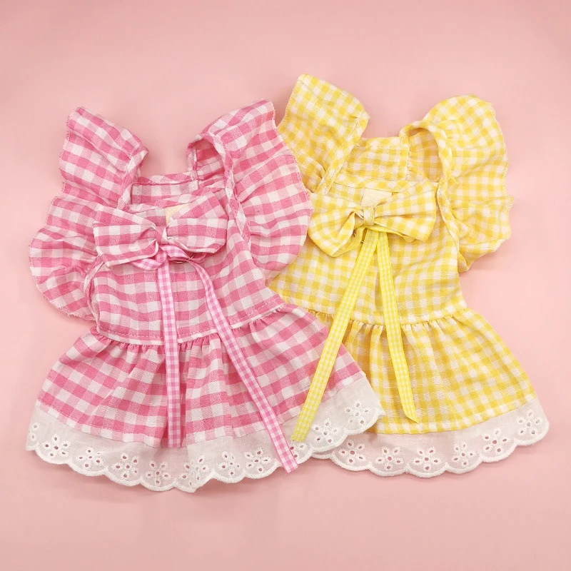 New Lovely Flying Shoulder Sleeve Plaid Skirt Summer Dog Sweet Clothes With Lace Fashionable Pet Supplies Comfortable Puppy Vest