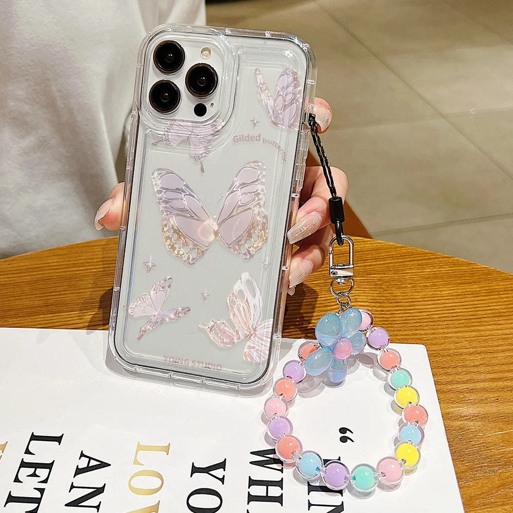 3D Flower Pearl Chain Phone Case For iPhone 11 12 13 14 15 Pro Max XR X XS SE 2022 2020 7 8 15 Plus Case With Lanyard Soft Cover